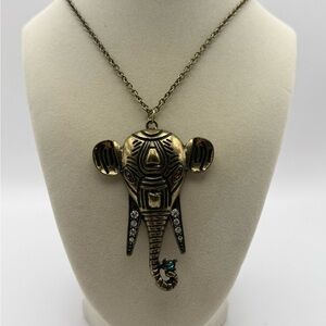 Vintage Gold-Tone Elephant Head Statement Necklace w/ Rhinestones – 30” Chain